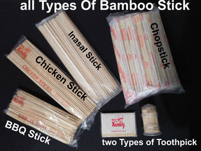 All types of bamboo sticks for BBQ, chicken, inasal, chopsticks and two types of toothpicks