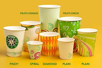 Frontal shot of different types of paper cups